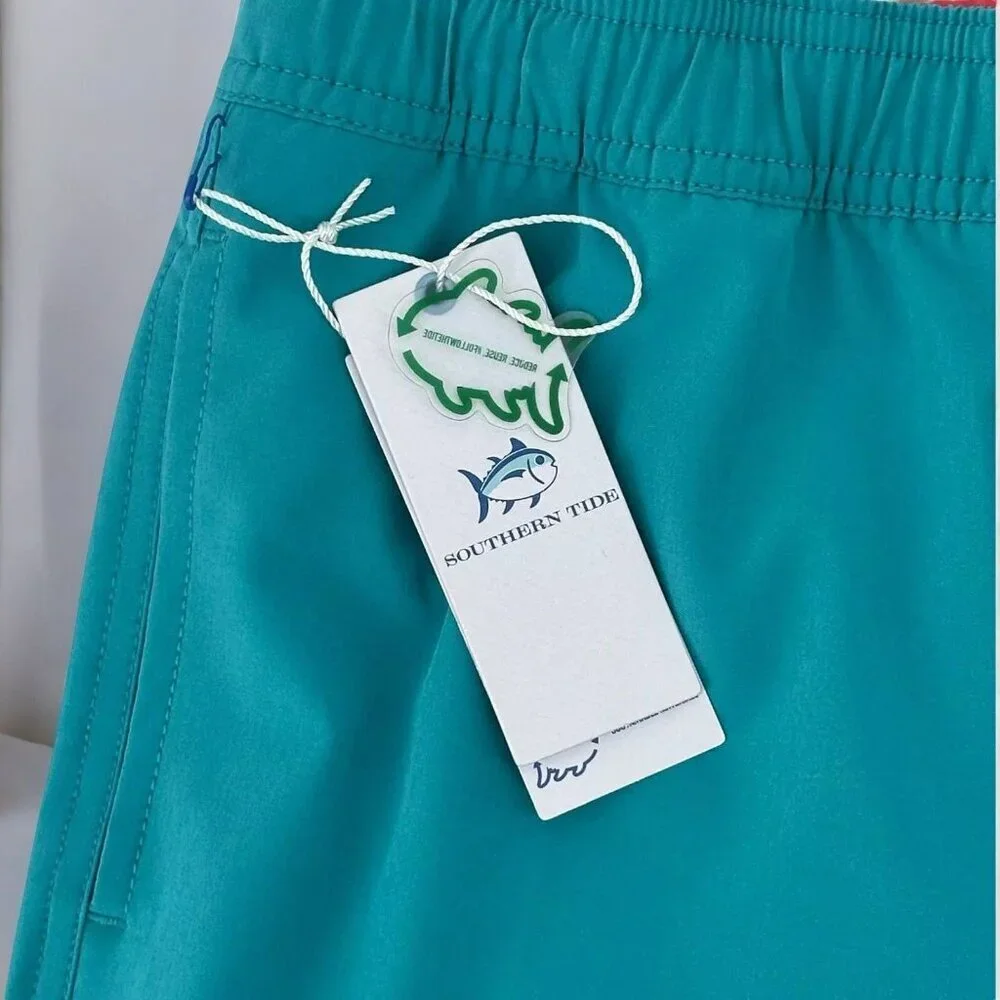 Southern Tide Boys XL-16 Quick Dry Tidal Wave Solid Turquoise Swim Trunks NEW
